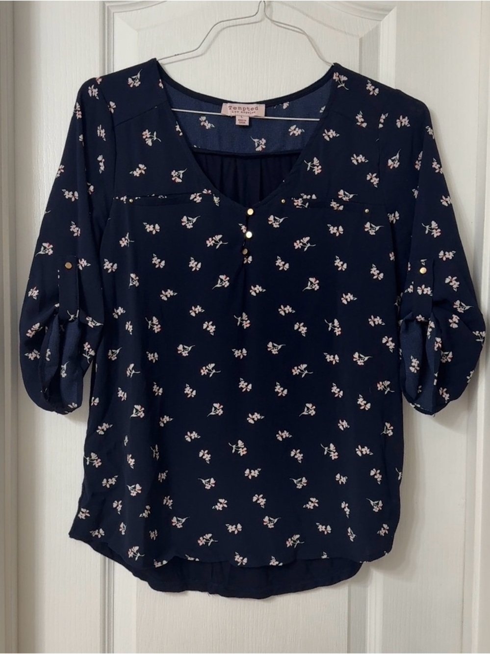 Tempted navy blue floral mixed media V-neck gold button roll tab 3/4 sleeve L